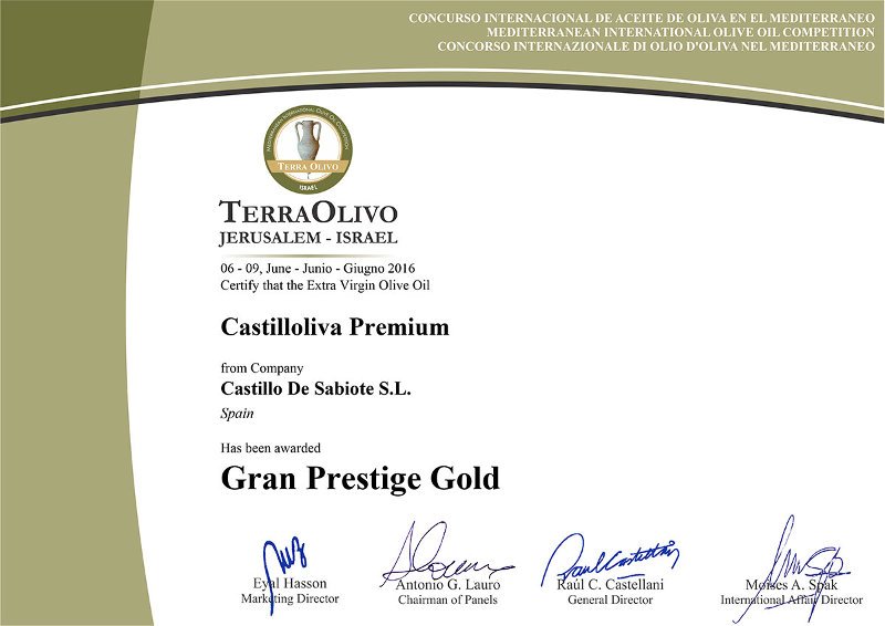Premio Gran Pestige Gold en Terrolivo 2016 (Israel)